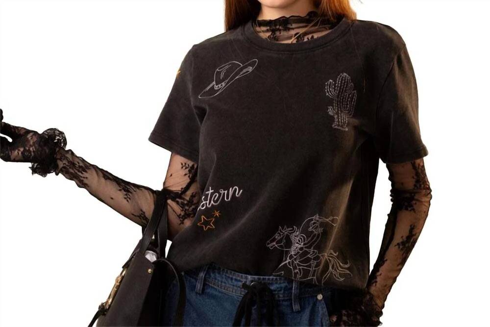 NEW BLUE B rodeo western embroidery loose t-shirt in washed black